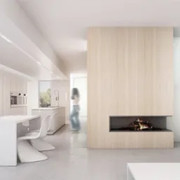 Minimalistyczne wnętrze: biała kuchnia z jadalnią, drewniany kominek z paleniskiem i rozmyta postać kobiety w tle, całość utrzymana w jasnej tonacji.