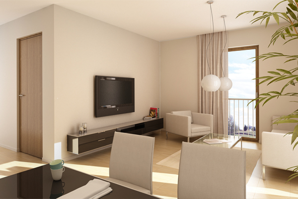 Wizualizacja salonu z nowoczesnym wyposażeniem: stolik kawowy ze szklanym blatem, białe fotele, podwieszane lampy kuliste, telewizor na ścianie i minimalistyczna szafka RTV.