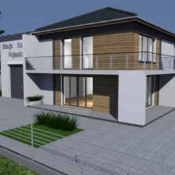 Wizualizacja 3D nowoczesnego budynku usługowego z garażem, dwoma samochodami i osobą rozmawiającą przez telefon na schodach.