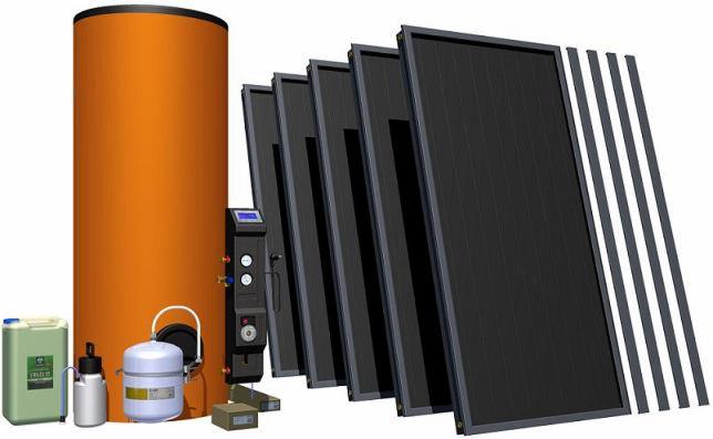 Zestaw solarny: pomarańczowy zasobnik ciepłej wody, regulator solarny, płyn solarny w kanistrze i płaskie kolektory słoneczne z elementami montażowymi, ułożone na białym tle.