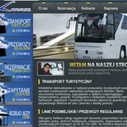 Zrzut ekranu strony internetowej firmy transportowej z sekcjami: Transport Turystyczny, Przewozy Regularne, Rezerwacje Transportu, Zapytanie Ofertowe, Rozkład Jazdy Janki. Na górze widoczne menu...