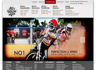 Strona internetowa firmy hostingowej No.1 z ofertą pakietów hostingowych i domen, widoczne logo firmy i grafika motocyklisty żużlowego