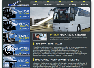 Zrzut ekranu strony internetowej firmy transportowej z sekcjami: Transport Turystyczny, Przewozy Regularne, Rezerwacje Transportu, Zapytanie Ofertowe, Rozkład Jazdy Janki. Na górze widoczne menu...