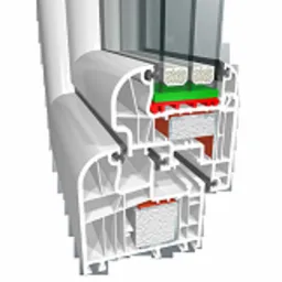 Przekrój poprzeczny ramy okiennej z tworzywa sztucznego, ukazujący wielokomorową budowę i elementy uszczelniające.