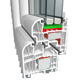 Przekrój poprzeczny ramy okiennej z tworzywa sztucznego, ukazujący wielokomorową budowę i elementy uszczelniające.