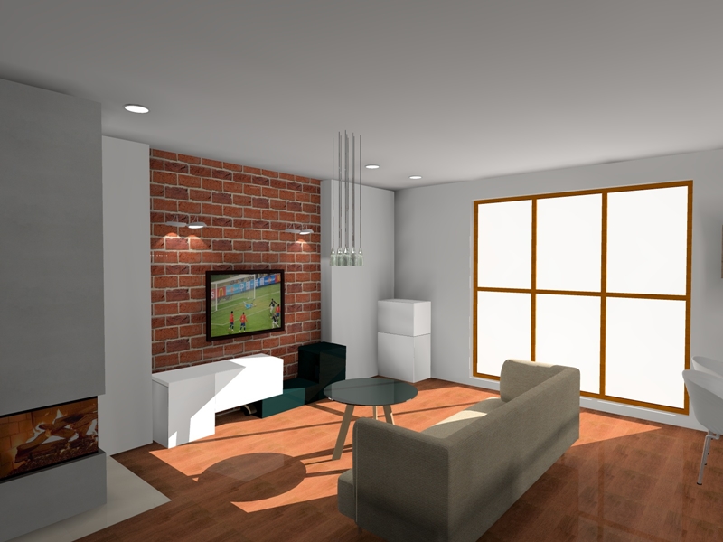 Wizualizacja salonu z ceglaną ścianą, telewizorem, kominkiem, szarą sofą i okrągłym stolikiem kawowym na drewnianej podłodze.