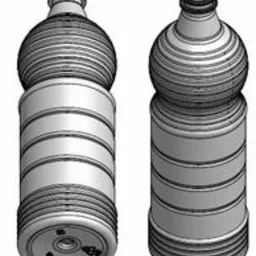 Dwie puste, przezroczyste butelki PET po płynach spożywczych, z widocznymi śladami etykiet na spodzie jednej z nich. Grafika wektorowa.