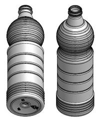 Dwie puste, przezroczyste butelki PET po płynach spożywczych, z widocznymi śladami etykiet na spodzie jednej z nich. Grafika wektorowa.