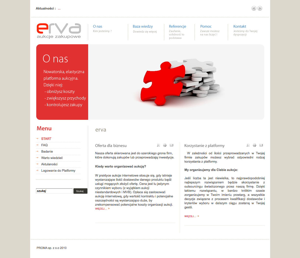 Grafika przedstawia elementy układanki, z których jeden element jest czerwony i wystaje ponad pozostałe białe elementy. Symbolizuje połączenie, rozwiązanie problemu lub integrację.