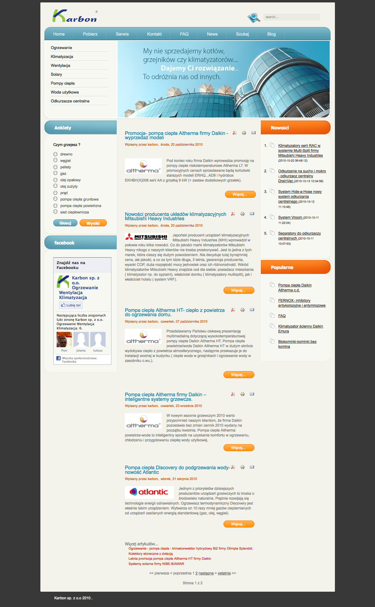 Strona internetowa firmy Karbon z ofertą klimatyzacji i ogrzewania, z nagłówkiem 'My nie sprzedajemy kotłów, grzejników czy klimatyzatorów... Dajemy Ci rozwiązanie... To odróżnia nas od innych'...