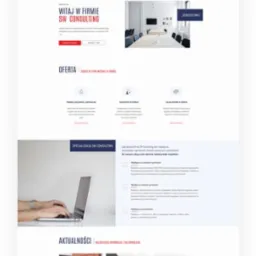 Zrzut ekranu strony internetowej firmy SW Consulting, z eleganckim portretem biznesmena na tle panoramy miasta, sekcjami oferty, aktualności i danymi kontaktowymi w stonowanej kolorystyce.