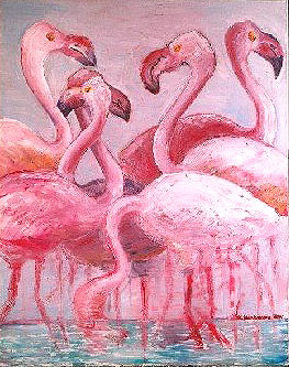Obraz olejny przedstawiający grupę różowych flamingów stojących w wodzie, namalowany w ekspresyjnym stylu z widocznymi pociągnięciami pędzla i jasnym tłem.