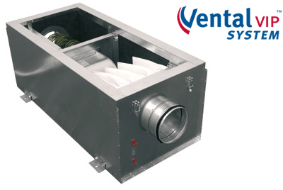 Centrala wentylacyjna Vental System w metalowej obudowie, widoczne filtry i przyłącze kanałowe.