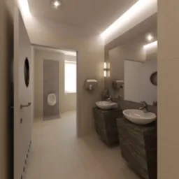 Wnętrze publicznej toalety z dwoma umywalkami na ciemnych, marmurkowych postumentach, lustrem z podświetleniem LED, dozownikami mydła i papieru, oraz widocznym pisuar w oddali za otwartymi drzwiami.