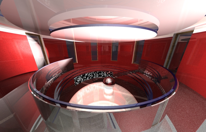 Wizualizacja wnętrza studia telewizyjnego z okrągłym podwyższeniem i czerwonymi ścianami, oświetlona od góry.