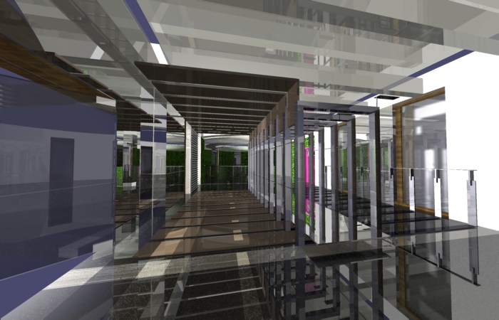 Wizualizacja 3D nowoczesnego wnętrza z przeszklonymi ścianami i elementami zieleni w tle.