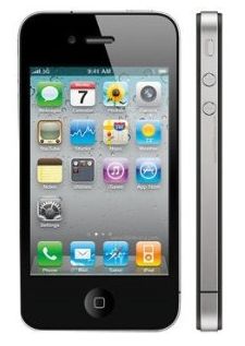 Smartfon iPhone 4S z widocznym ekranem głównym i bocznym profilem, prezentowany na białym tle.