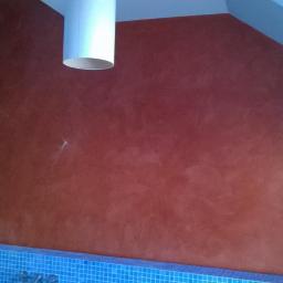 Veldecor - Ściana w łazience z dekoracyjną, czerwonobrązową strukturą, oświetlona lampą sufitową, widoczna niebieska mozaika i fragment szarej ściany z wnęką.