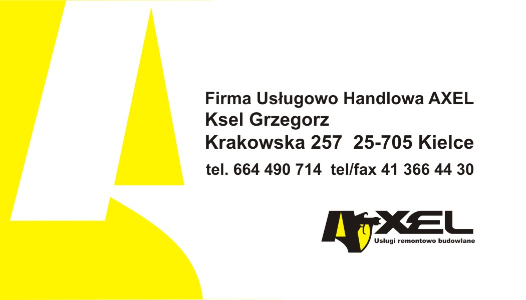 Wizytówka firmy Usługowo Handlowej AXEL z Kielc, oferującej usługi remontowo budowlane, z żółtym logo w kształcie litery A.