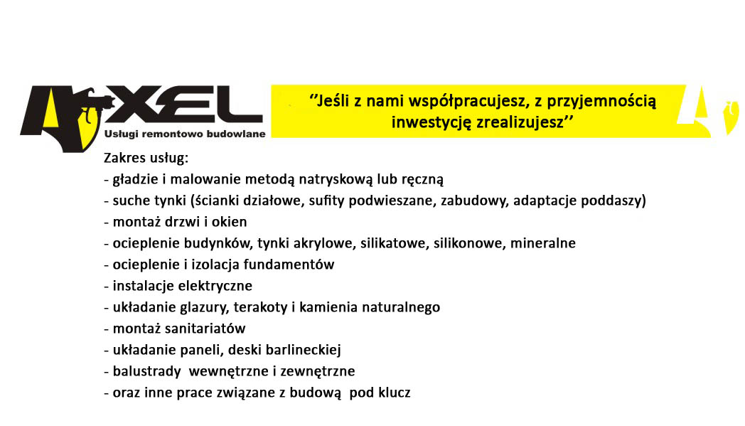 Logo firmy budowlanej AXEL z zakresem usług remontowo-budowlanych, obejmującym m.in. gładzie, tynki, montaż drzwi i okien, ocieplenia, instalacje elektryczne, układanie glazury i montaż...