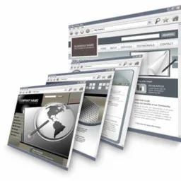 Układające się kaskadowo okna przeglądarki prezentujące różne szablony stron internetowych z elementami graficznymi, takimi jak globus, budynek biurowy i przykładowe menu nawigacyjne.