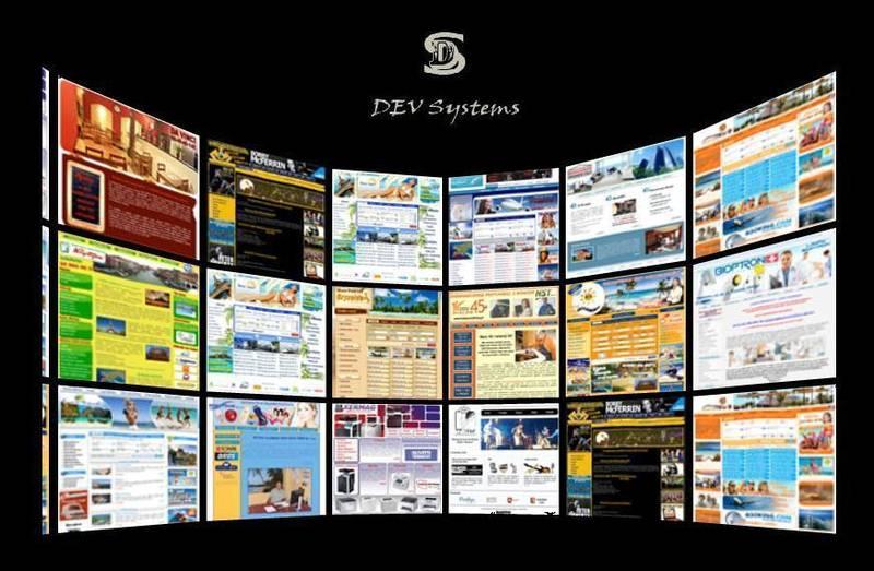 Mozaika ekranów komputerowych prezentujących różne projekty stron internetowych, z logo 'DEV Systems' u góry na czarnym tle.