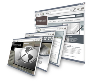 Układające się kaskadowo okna przeglądarki prezentujące różne szablony stron internetowych z elementami graficznymi, takimi jak globus, budynek biurowy i przykładowe menu nawigacyjne.