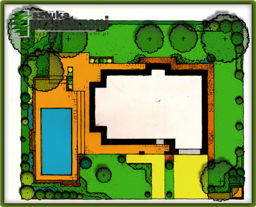 Ręcznie rysowany plan zagospodarowania przestrzennego ogrodu z basenem, trawnikiem i nasadzeniami drzew i krzewów, widok z góry.
