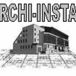 Czarno-biała wizualizacja budynku usługowego na planie architektonicznym z napisem ARCHI-INSTAL powyżej.