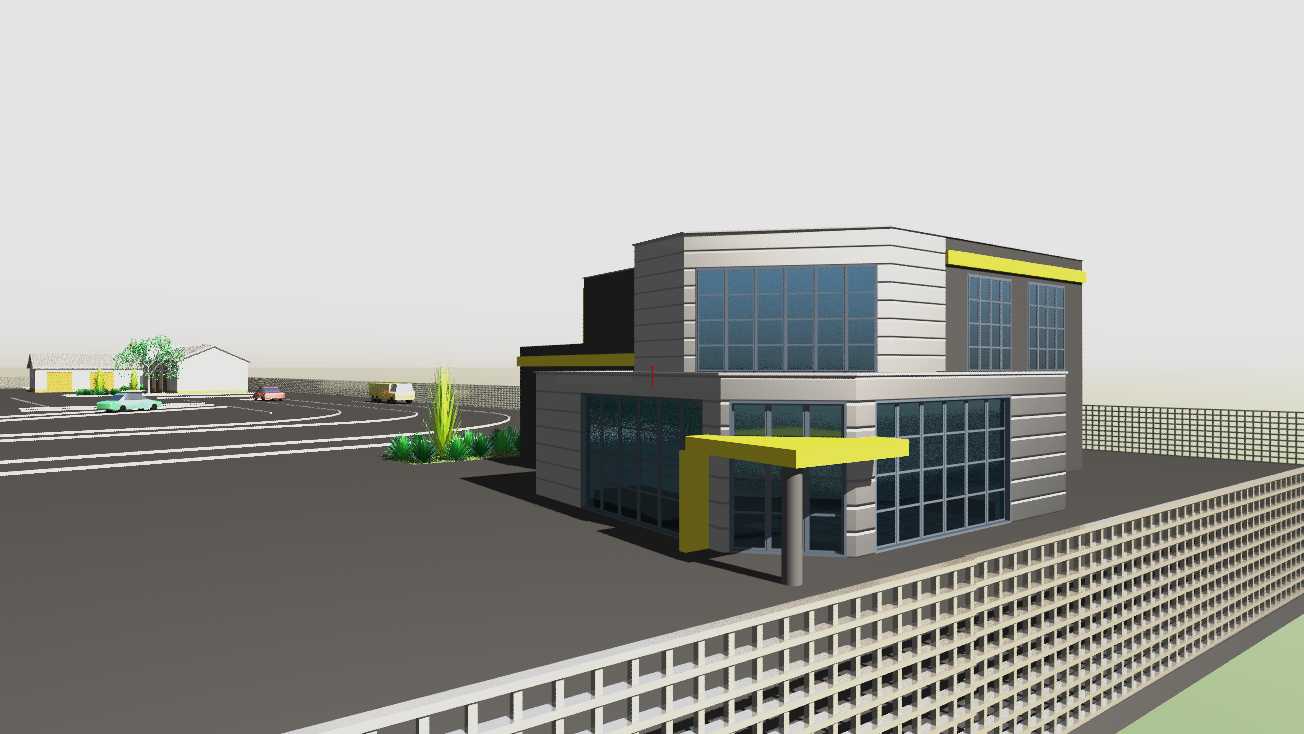 Wizualizacja budynku usługowego z żółtymi akcentami, widoczny parking i ogrodzenie.