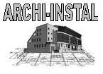Czarno-biała wizualizacja budynku usługowego na planie architektonicznym z napisem ARCHI-INSTAL powyżej.