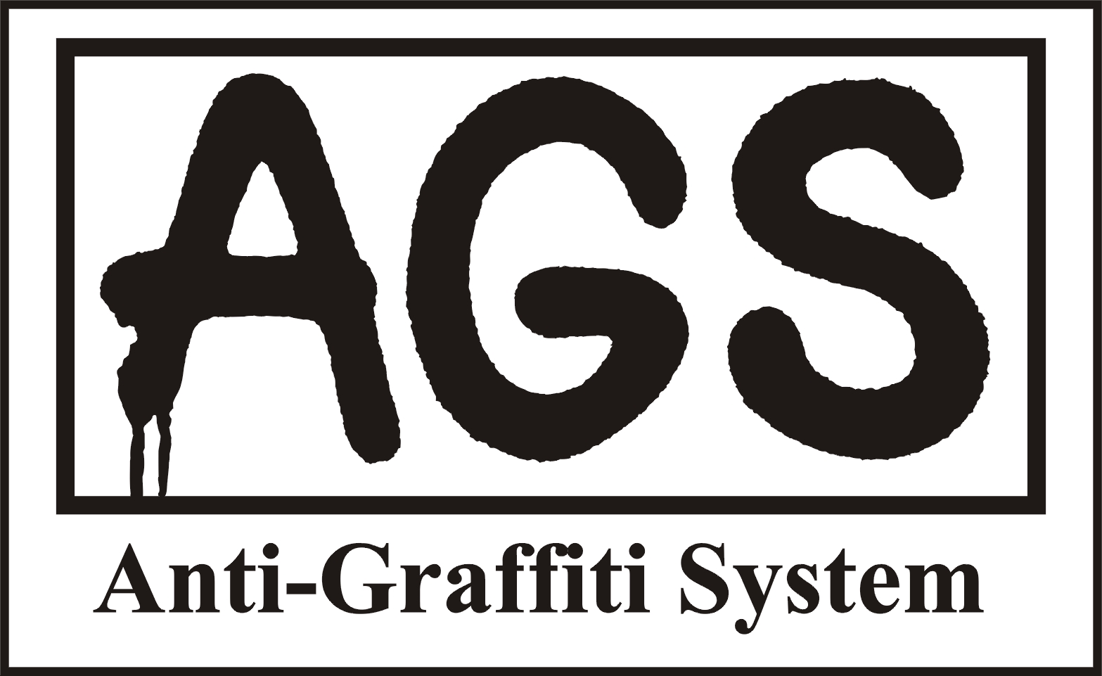 Logo firmy AGS Anti-Graffiti System z czarnymi, pogrubionymi literami na białym tle, umieszczone w czarnej ramce.