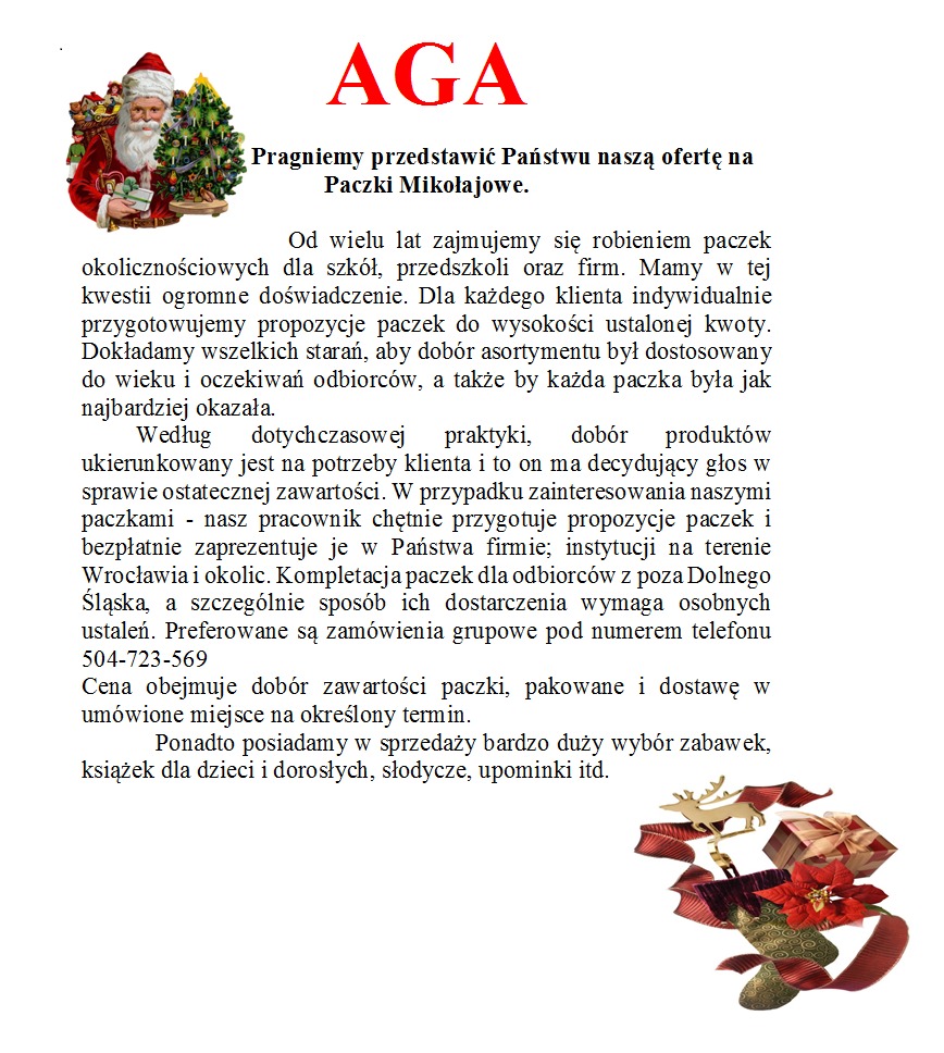 Skan ulotki reklamowej z grafiką Świętego Mikołaja z choinką i dekoracyjnymi prezentami, oferującej przygotowanie paczek okolicznościowych dla firm i instytucji.