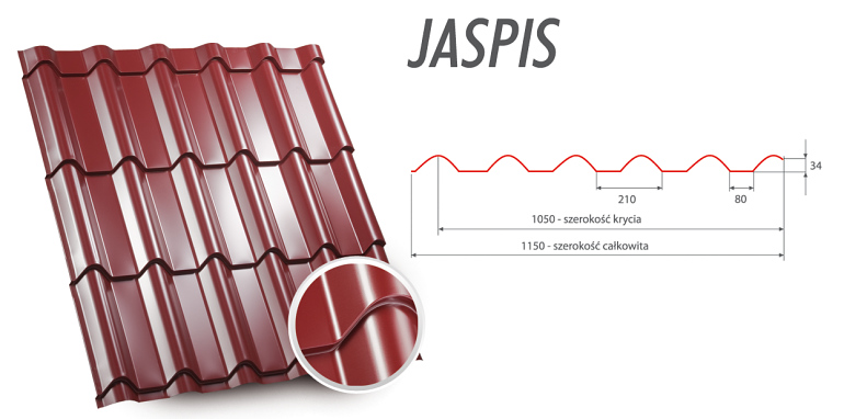 Czerwona blachodachówka modułowa Jaspis z powiększeniem fragmentu łączenia i schematem wymiarów na białym tle.