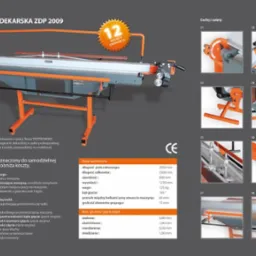 Zaginarka dekarska ZDP 2009 z pomarańczową ramą, prezentowana na szarym tle z detalami i danymi technicznymi, w tym zbliżenia na mechanizmy gięcia.