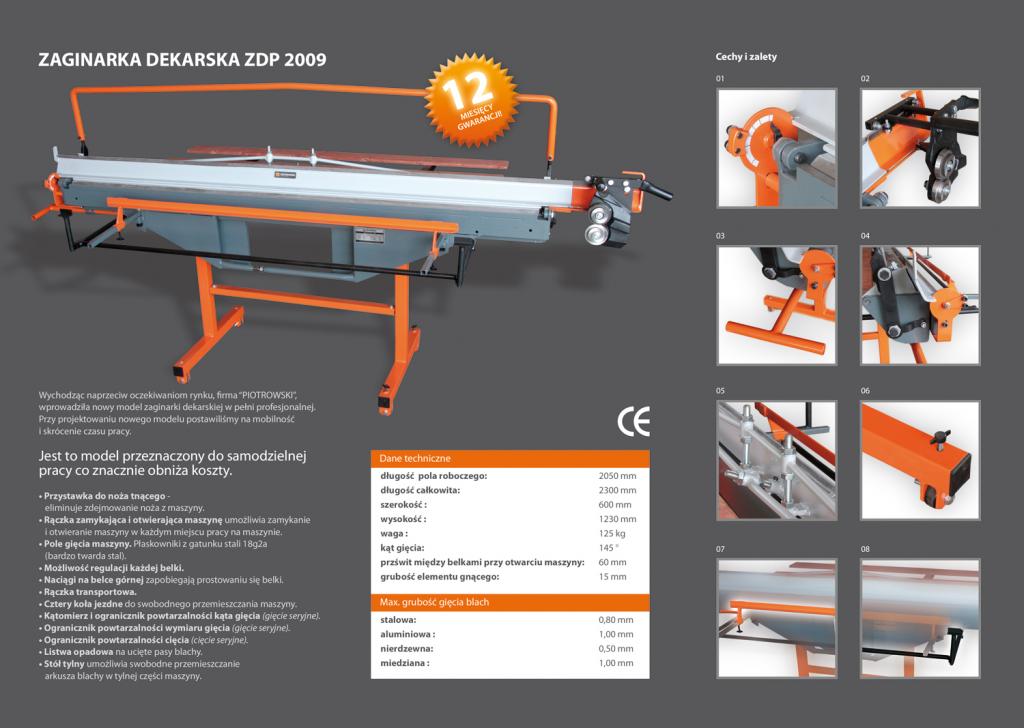 Zaginarka dekarska ZDP 2009 z pomarańczową ramą, prezentowana na szarym tle z detalami i danymi technicznymi, w tym zbliżenia na mechanizmy gięcia.