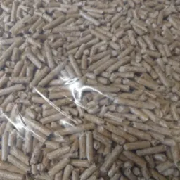 Beżowe granulki pelletu drzewnego widoczne przez przezroczyste opakowanie foliowe, z widocznymi refleksami światła.