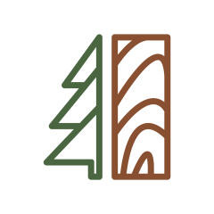 Uproszczona grafika: zielony kontur choinki obok brązowego konturu deski z widocznym usłojeniem.