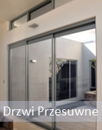Szklane drzwi przesuwne z aluminiową ramą, prowadzące do wewnętrznego patio z roślinnością, widok z wnętrza budynku.