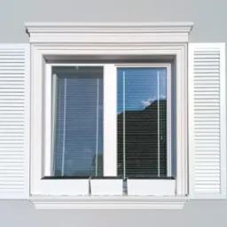 Białe okno z louverowymi okiennicami i sztukaterią okienną, nadproże i opaski boczne w klasycznym stylu. W oknach żaluzje. Pod oknem trzy białe donice.