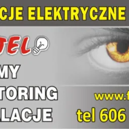 Reklama firmy oferującej instalacje elektryczne, alarmy i monitoring, z logiem firmy INSTEL i adresem strony internetowej oraz numerem telefonu.