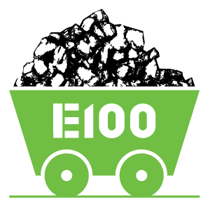 Grafika przedstawia zielony wózek kopalniany wypełniony bryłami węgla. Na wózku widnieje biały napis 'E100'.