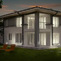 Dwukondygnacyjny dom z balkonem w wieczornym oświetleniu, widoczne leżaki i meble ogrodowe. Stonowana kolorystyka, minimalistyczny styl, render architektoniczny.