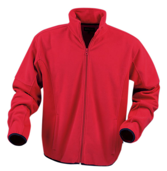 Czerwony polar z zamkiem błyskawicznym i granatowym wykończeniem mankietów, prezentowany na białym tle.