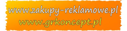 Pomarańczowe tło z dwoma adresami stron internetowych: www.zakupy-reklamowe.pl i www.grkoncept.pl, napisane białym i żółtym fontem.