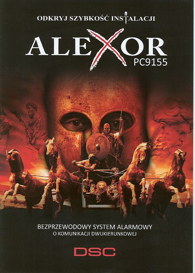 Folder reklamowy bezprzewodowego systemu alarmowego Alexor PC9155, z grafiką przedstawiającą rydwan wojenny i hełm antycznego wojownika.