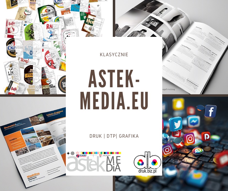 Kompozycja z różnorodnych materiałów reklamowych: etykiety piwne, otwarty katalog z czarno-białymi zdjęciami, ulotka informacyjna oraz wizualizacja ikon mediów społecznościowych na klawiaturze,...