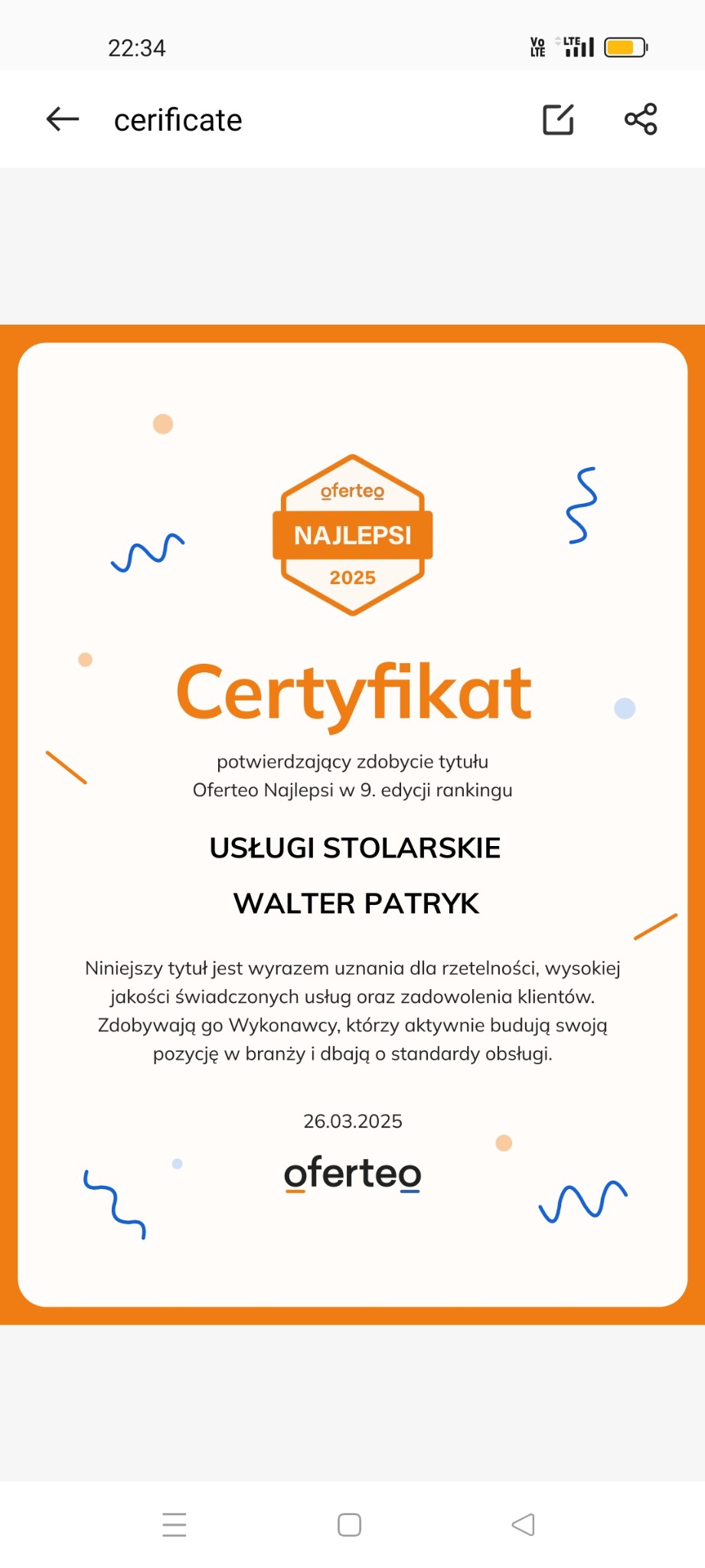 Certyfikat Oferteo Najlepsi 2025 dla Usług Stolarskich Walter Patryk, potwierdzający wysoką jakość i zadowolenie klientów. Uznanie dla rzetelności.