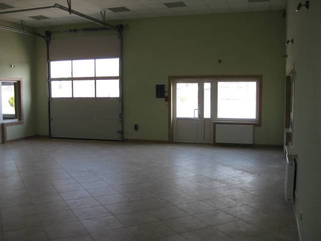 Wnętrze pustego lokalu użytkowego z bramą garażową, oknami i płytkami na podłodze, przygotowanego pod handel, usługi lub dystrybucję.