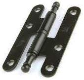 Czarny zawias meblowy do drzwi bezfelcowych, widok z góry, mocowanie z otworami, element konstrukcyjny.